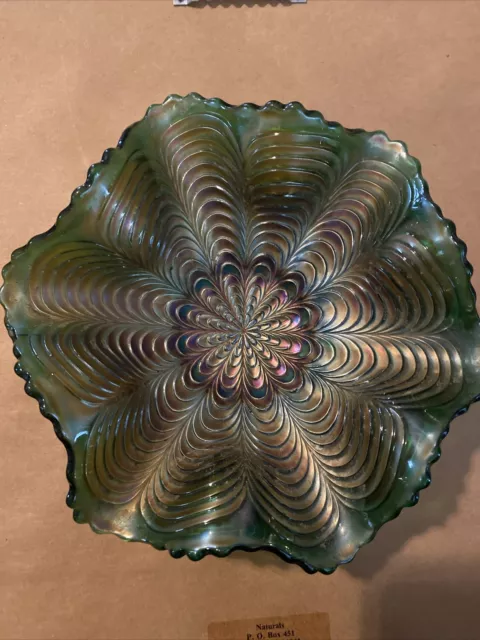 Vintage Fenton Carnival Glass Iridescent Amethyst "Peacock Tail" Ruffled Bowl
