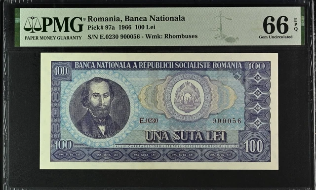 Romania, 100 Lei 1966 PMG 66 EPQ , Pick 97a, Gem Uncirculated, Banknotes