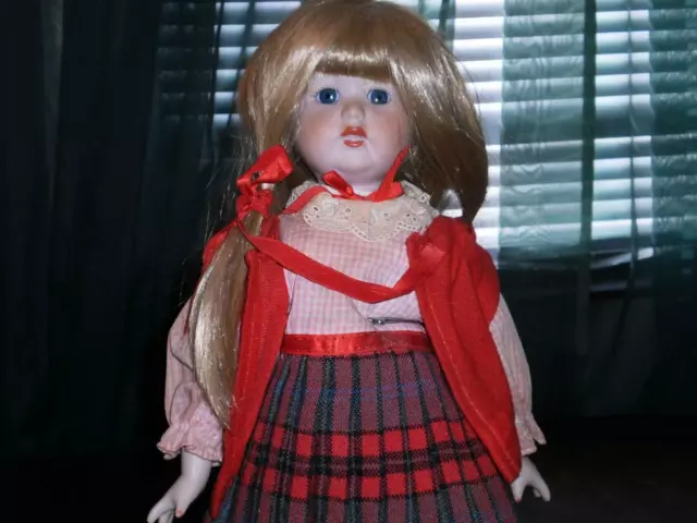 Heritage 16" Porcelain Doll Blonde Hair Dark Blue Eyes Red Scottish skirt