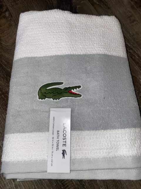 Lacoste Gray With White Stripes Terry Bath Towel With Alligator