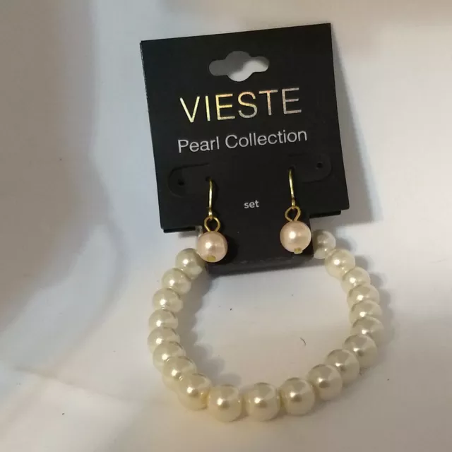 Vieste Faux Pearl Stretch Fashion bracelet & Hanging Drop Goldtone Earrings Set 2