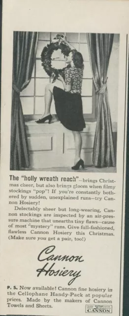 1941 Canon Hosiery Woman Hanging Holly Wreath Reach Drapes Vintage Print Ad L9