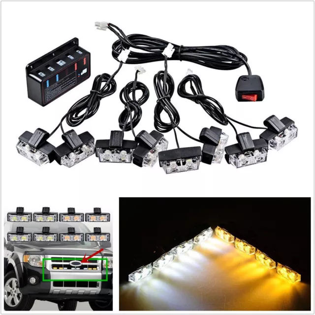 8 Pcs DC12V 2-LED Amber + White Car SUV Front Grille Hazard Flashing Light Strip