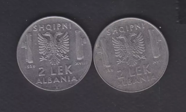1939, Albania. Albanian 2x2 Leke. Italy Italian Occupation Coins. Mag+No Mag  X1