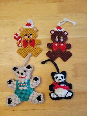 Lot of 4 Vintage Teddy Bear Plastic Canvas Yarn Crochet Christmas Ornaments