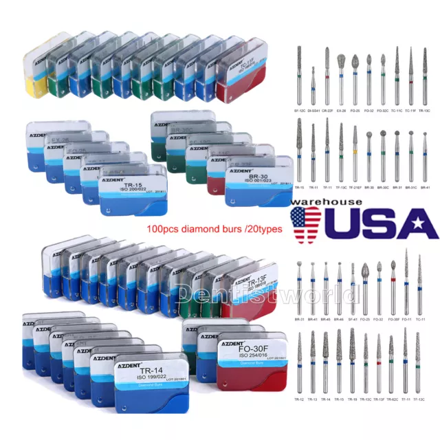 100Pcs AZDENT Dental Diamond Burs High Speed Handpiece Friction Grip 20 Types