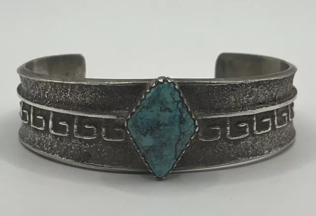 Henry Mariano Sterling Silver Textured Greek Key Design Turquoise Bracelet 28.6g