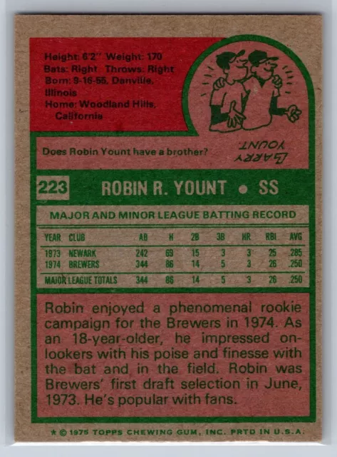 1975 Topps #223 Robin Yount Rookie Milwaukee Brewers HOF 2