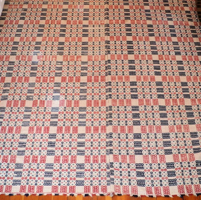 Antique JACQUARD COVERLET Indigo Red & Tan Reversible 76"x90" Overshot Loomed