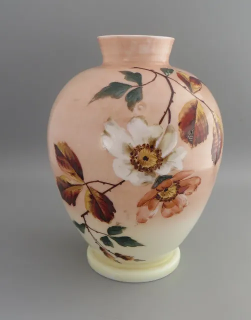 Antique/Victorian Opaline Glass Vase - Hand Painted Flowers/Flora/Leaves 21.5cm