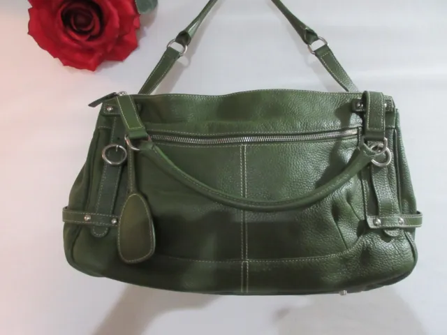 FURLA Leather Satchel Convertible Handle Green Purse Immaculate