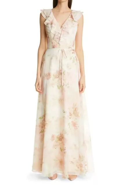 MARCHESA NOTTE BLUSH Watercolor Floral Print Ruffle Neck Chiffon Gown Sz 18  $325 $168.00 - PicClick