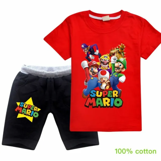 Super mario Bros Wario Boys Girl Kids short-sleeved T-shirt Tops+ Pant XMAS Gift