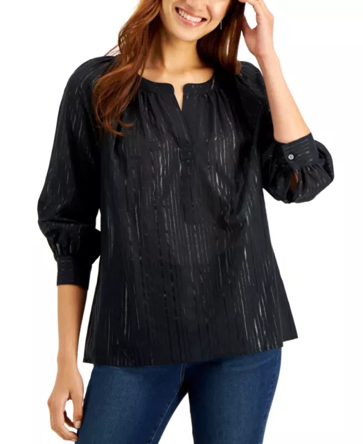 MSRP $60 Style & Co Petite Metallic-Striped Top Black Size PM