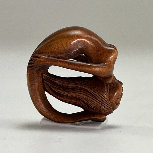 Japanese Netsuke Mermaid Hand Carved Boxwood 1 Inch Bead Signed 石川 Ishikawa