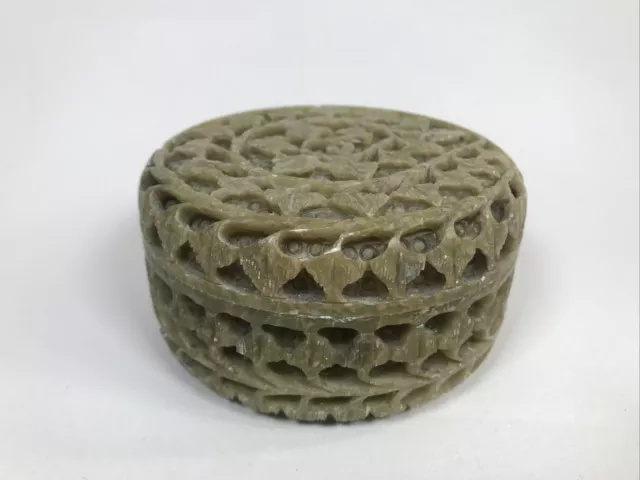 Antique Chinese Hard Stone Soapstone Box Lidded Pot Hand Carved Flowers China