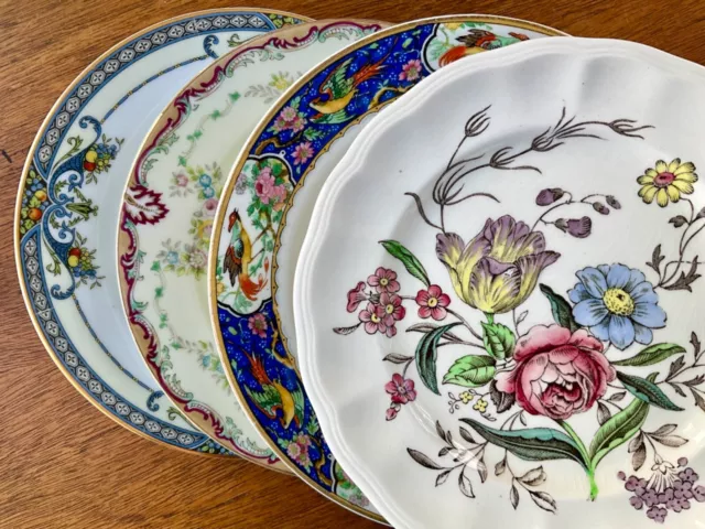 Vintage Mismatched China Bread, Cake, Dessert Plates ~ Set of 4 Colorful Florals