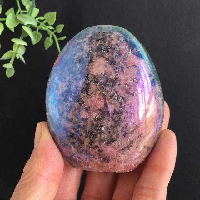 269g Titanium Rainbow Aura Pink Rhodonite Freeform Stone Quartz Crystal Healing