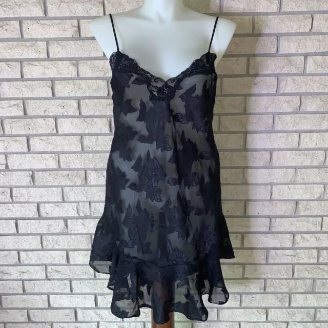 VINTAGE HONORS INTIMATES Black Floral Jacquard Bias Cut Slip Dress Size ...