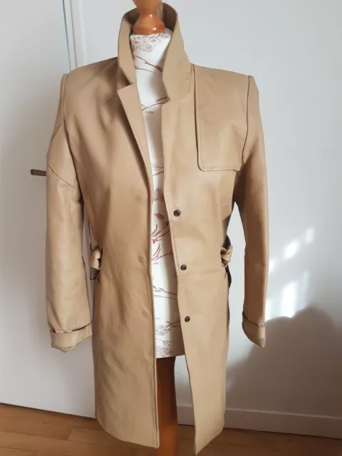 Trench  manteau  en cuir véritable  beige,  38, paragon,  vintage