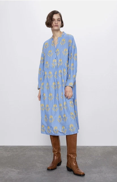 ZARA PALE BLUE Embroidered Voluminous 100% Cotton Midi Dress 4786/055 Uk Xl  Bnwt 39.00 - PicClick UK