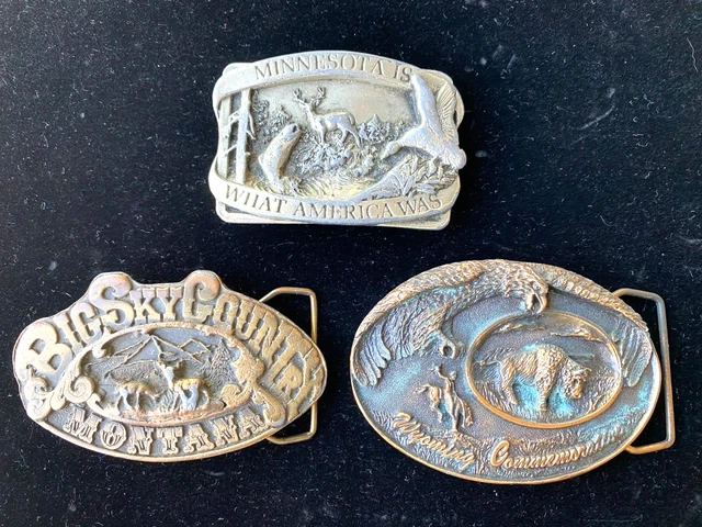 Vintage 3 Pc Lot Belt Buckles MN, 1975 Adezy Montana Brass & WY & Pewter
