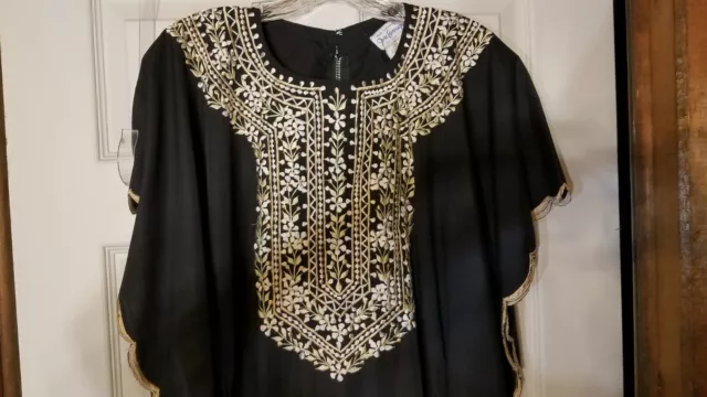 Embroidered Kaftan Muu Moo Dress Hand Made Phillipines Black