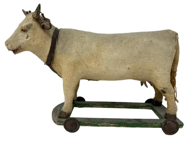 Antique Large Cow 17” Pull Toy w/ Horns on Wooden Platform w/ Wheels C. 1900