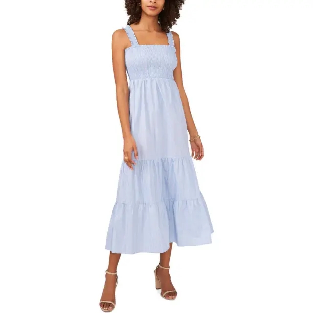 CeCe Womens Blue Striped Calf Smocked Midi Dress L BHFO 2458