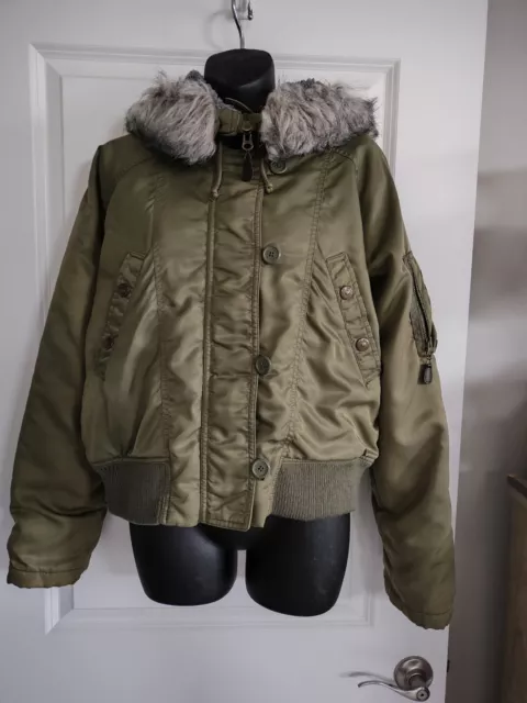 AMERICAN EAGLE WOMEN’S Faux Fur Hooded Green Jacket Bomber Coat Large ...