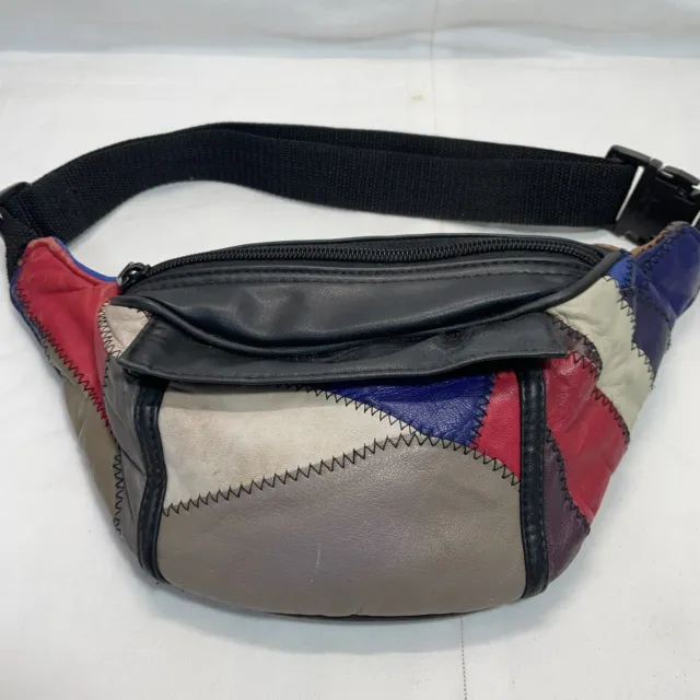 Vintage Multicolor Leather Patchwork Fanny Pack Waist Bag Sling Belt Purse Hip