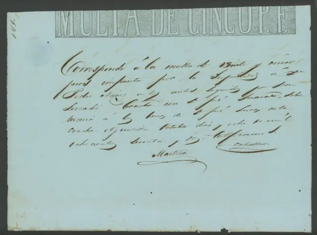 Spanish Colonial Document / Multa De 5 Pesos Fuertes / Puerto Rico 1862