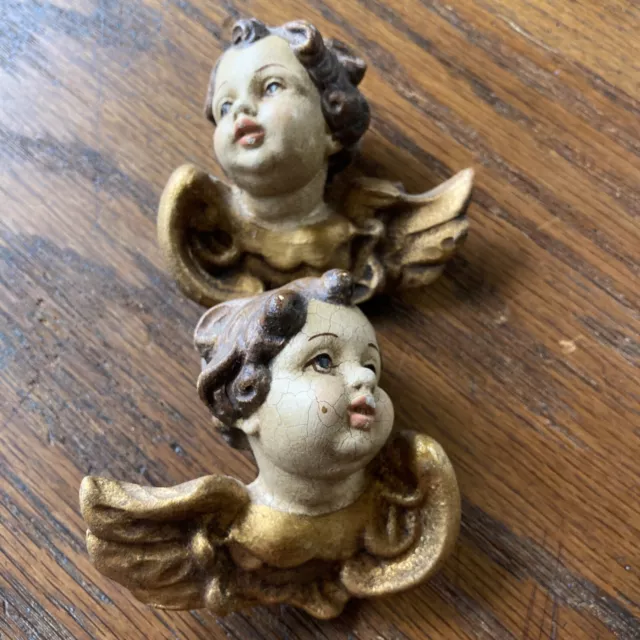 Pair Vintage Hand Carved Wood Cherub Angel Heads Wall Ornament Wooden 3/3