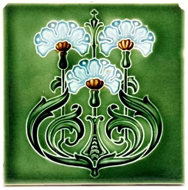 Art Nouveau Fireplace Tile Green Majolica Floral Design T & R Boote 1906