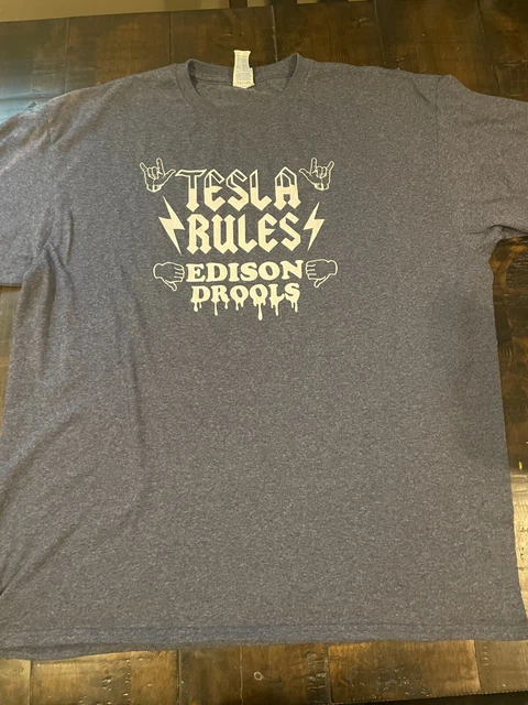 Adult XL GREY Tesla Rules Edison Drools Funny Nerd Shirt