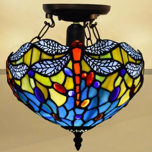 Dragonfly Tiffany Style Ceiling Lamp/light 10" Handcrafted Lamps Stained Glass