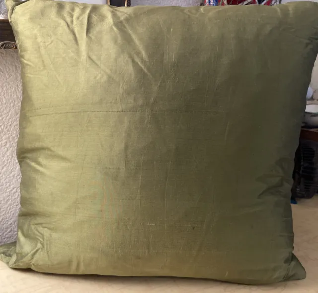 Silk Army Green Pillow Simple Unembellished w/ Feather Insert 20” X 20”