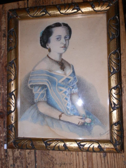 Pastello Acquerellato Gentildonna con rosa Sec. XIX cm. 19x15 V3 ^