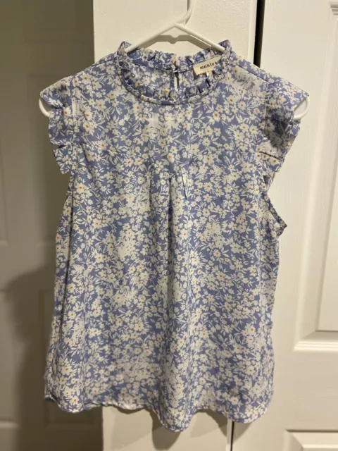 Monteau Womens Light Blue Floral Top Blouse Flutter Sleeves Keyhole Back Medium