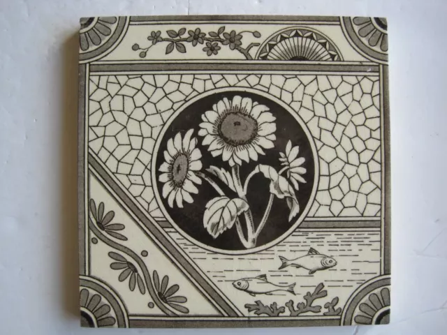 Antique Victorian Japanesque Transfer Print Tile - T.a.simpson C1881 Fish Etc.