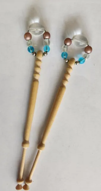 Set of 2 Carved Wood Spangled Lace Bobbins with Glass Beads