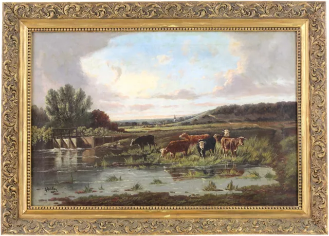Rinderflusslandschaft antikes Ölgemälde von Alfred Robert Quinton (1853-1934)