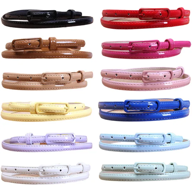 Women Lady Solid Candy Color Slim Skinny Long Buckle Faux Leather Waist Belt