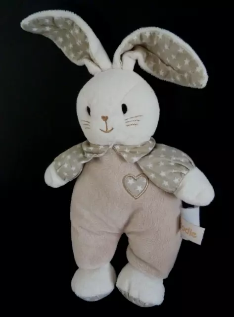 R7. DOUDOU PELUCHE DODIE LAPIN beige blanc étoile coeur 22cm + oreille - TBE