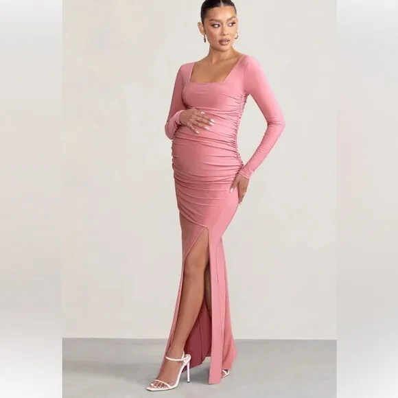 CLUB L LONDON Long Sleeve Ruched Maternity Maxi Dress in Blush Pink Size 4