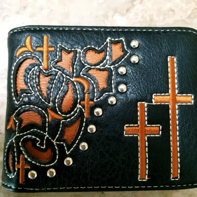 Two Cross Mens Wallet Western Bifold Embroidered black and orange Style