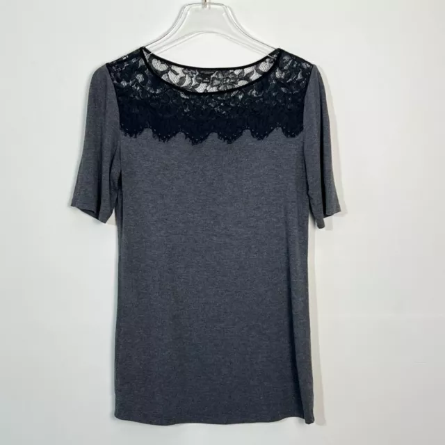 Ann Taylor Top Womens Medium Gray Jersey Tee Black Lace Short Sleeve T-Shirt