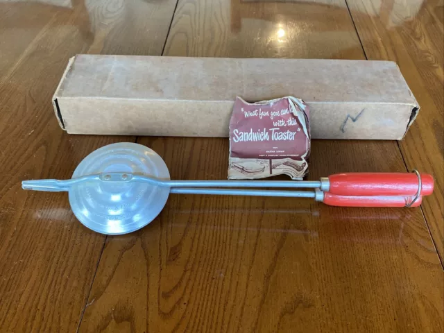 Vtg CAMPING IRON KITCHEN 15.5” w RED WOOD HANDLE JEM SANDWICH TOASTER Box&Manual