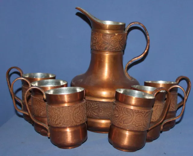 Vintage Set 6 Hand Made Copper Mugs & Pitcher