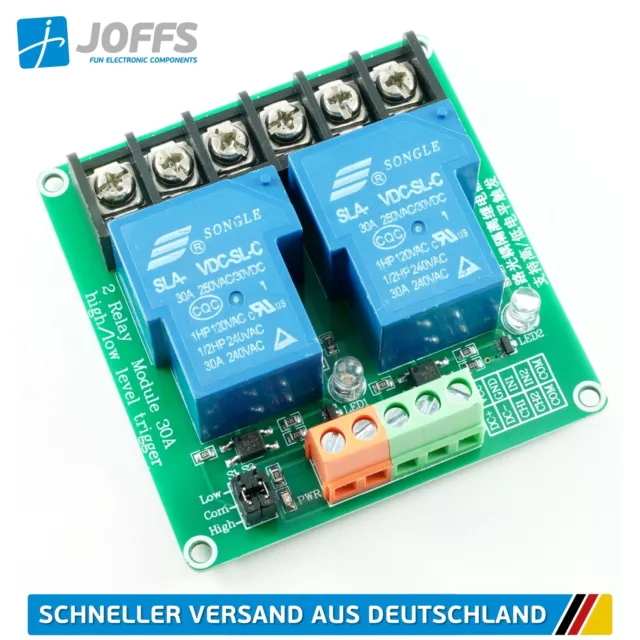 2-Kanal 12V 30A Relais Modul, Optokoppler, FR4 PCB (2Ch Relay High/Low Trigger)